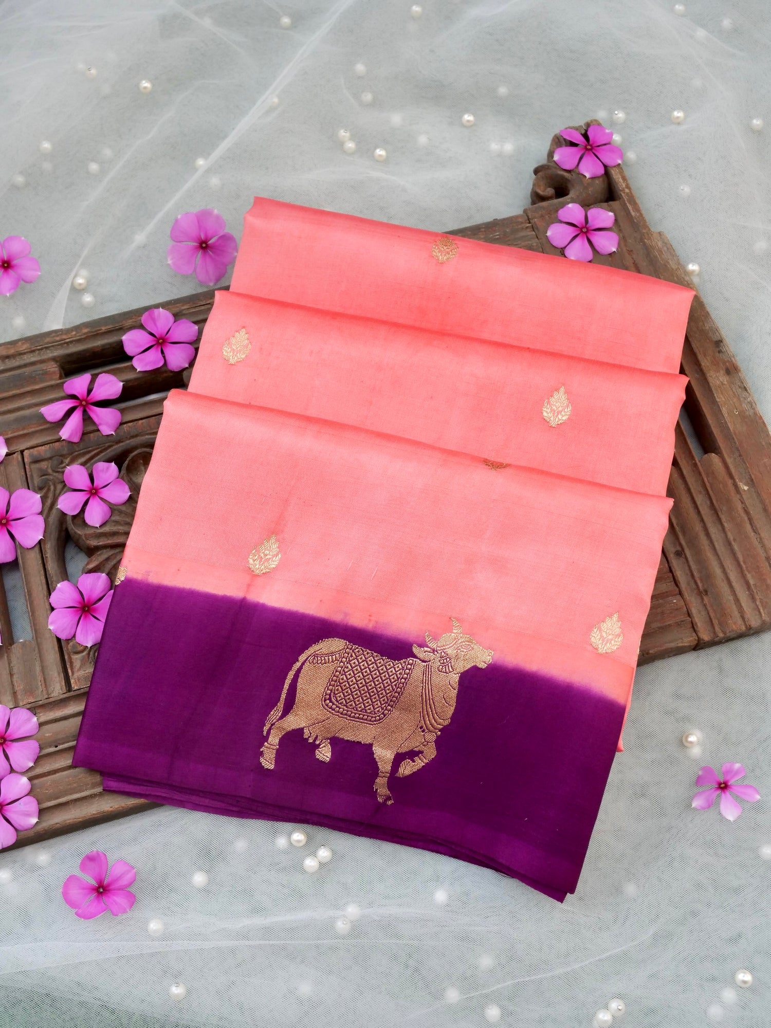Handloom Banarasi Pure Katan Silk Kadwa Saree in Coral with Standing Nandi Motif - Khinkhwab