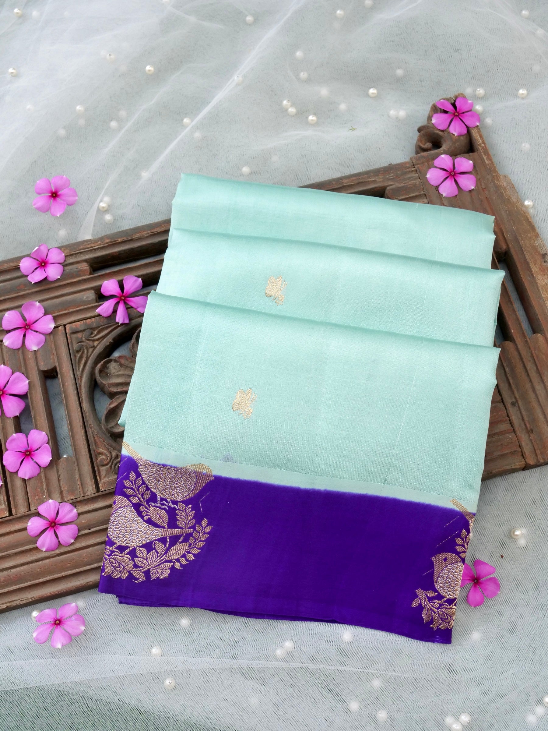 Handloom Banarasi Pure Katan Silk Kadwa Saree in Mint with Bird - Khinkhwab