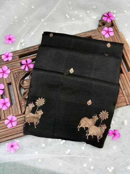 Handloom Banarasi Pure Katan Silk Kadwa Saree in Black with Nandi - Khinkhwab