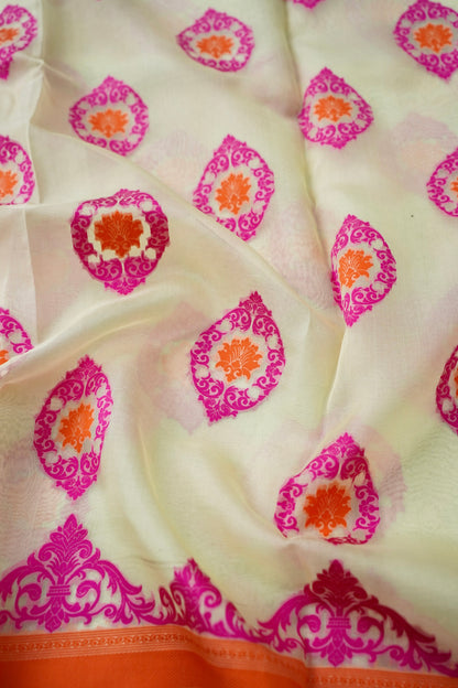 Handwoven Banarasi Organza Silk Kadwa Saree in Pista Cream - Soglia