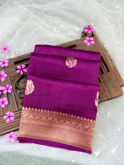 Handloom Banarasi Katan Silk Kadwa Saree Magenta Floral Butis - Khinkhwab