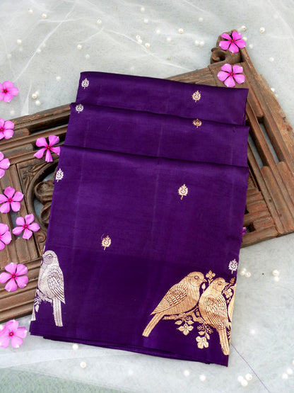 Handloom Banarasi Pure Katan Silk Kadwa Saree in Purple with Bird Motif - Khinkhwab