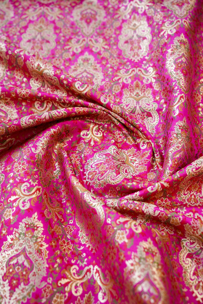 Banarasi Pure Kinkhab Silk Brocade Fabric in Magenta with Multicolour Meenakari - Khinkhwab
