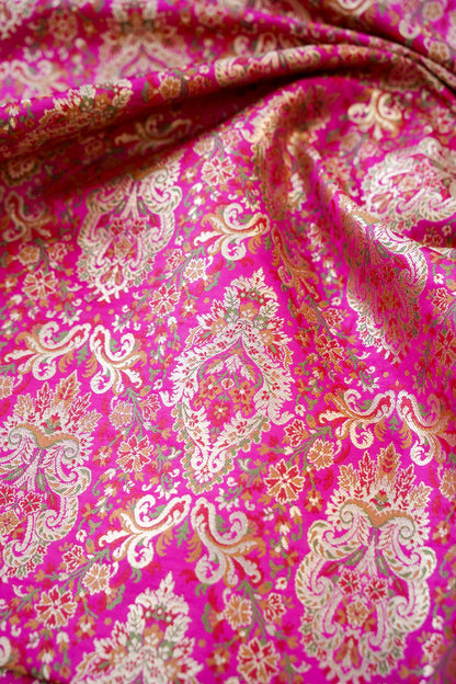 Banarasi Pure Kinkhab Silk Brocade Fabric in Magenta with Multicolour Meenakari - Khinkhwab