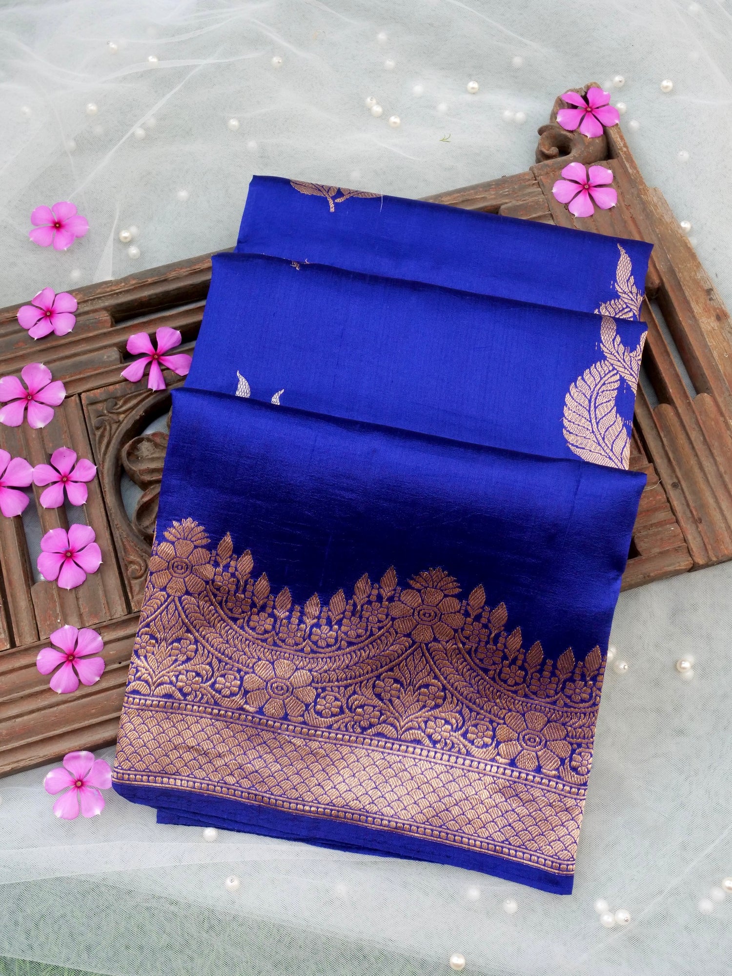 Handloom Banarasi Pure Katan Silk Kadwa Saree in Royal Blue with Floral Gold Border - Khinkhwab