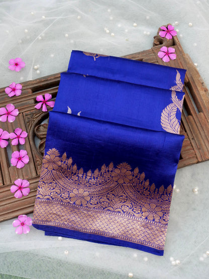 Handloom Banarasi Pure Katan Silk Kadwa Saree in Royal Blue with Floral Gold Border - Khinkhwab