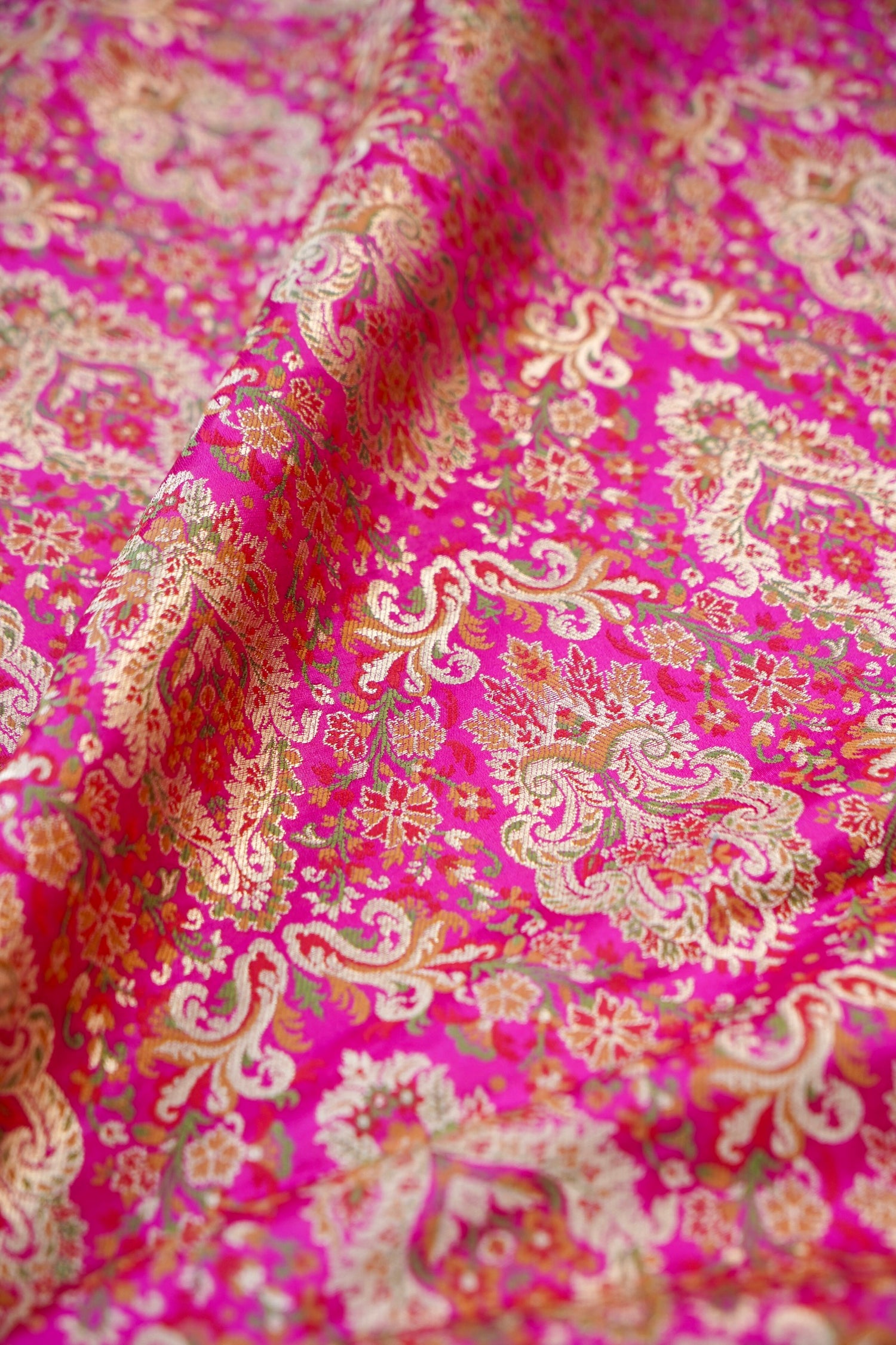 Banarasi Pure Kinkhab Silk Brocade Fabric in Magenta with Multicolour Meenakari - Khinkhwab