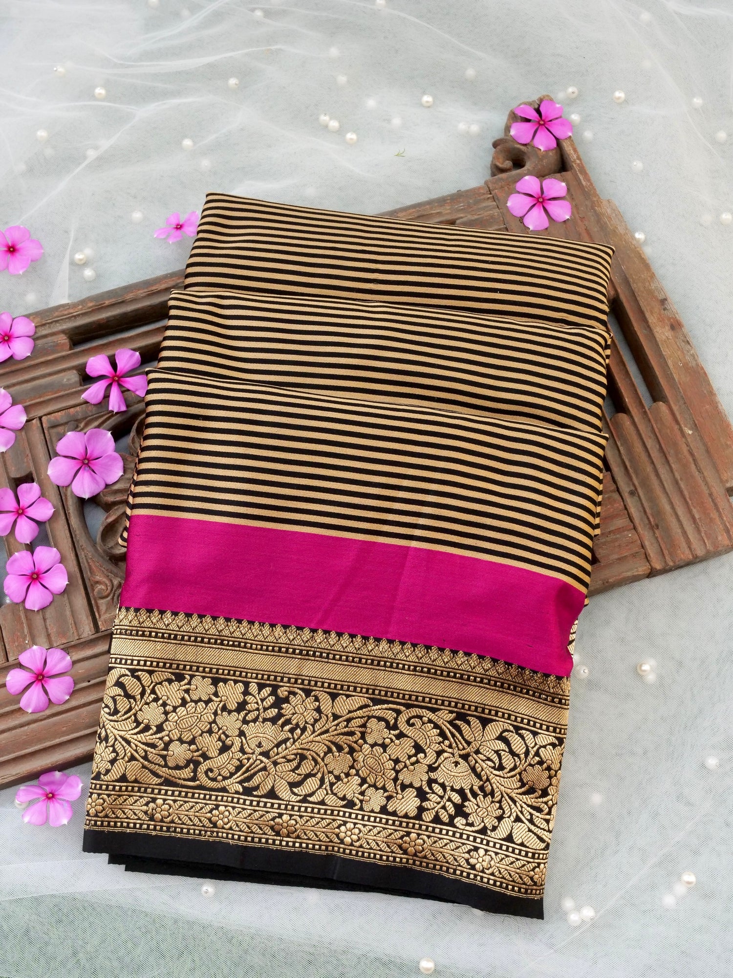 Handloom Banarasi Mushru Satin Saree in Black Gold Stripes - Khinkhwab