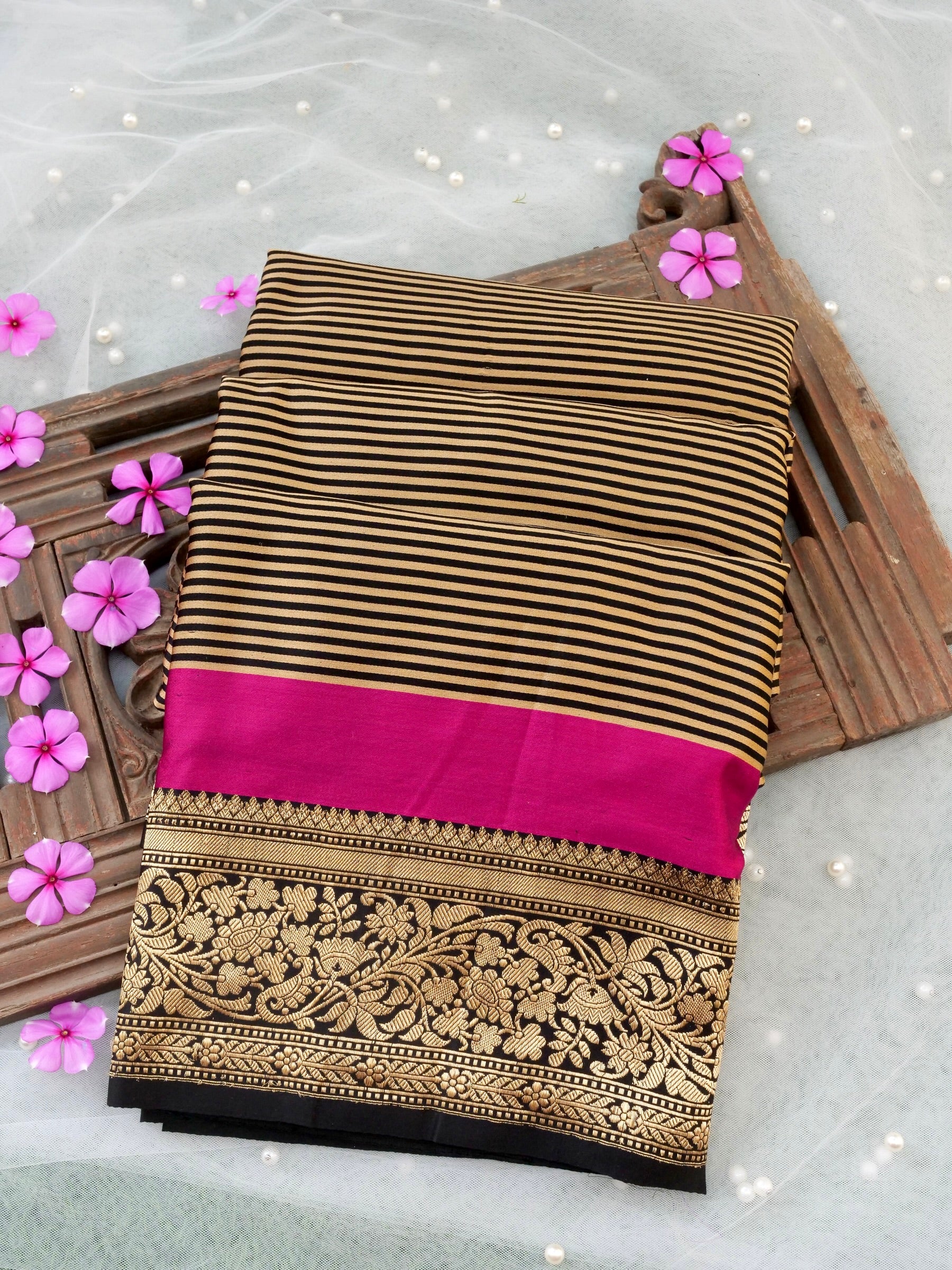 Handloom Banarasi Mushru Satin Saree in Black Gold Stripes - Khinkhwab