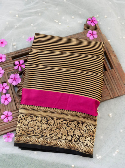 Handloom Banarasi Mushru Satin Saree in Black Gold Stripes - Khinkhwab