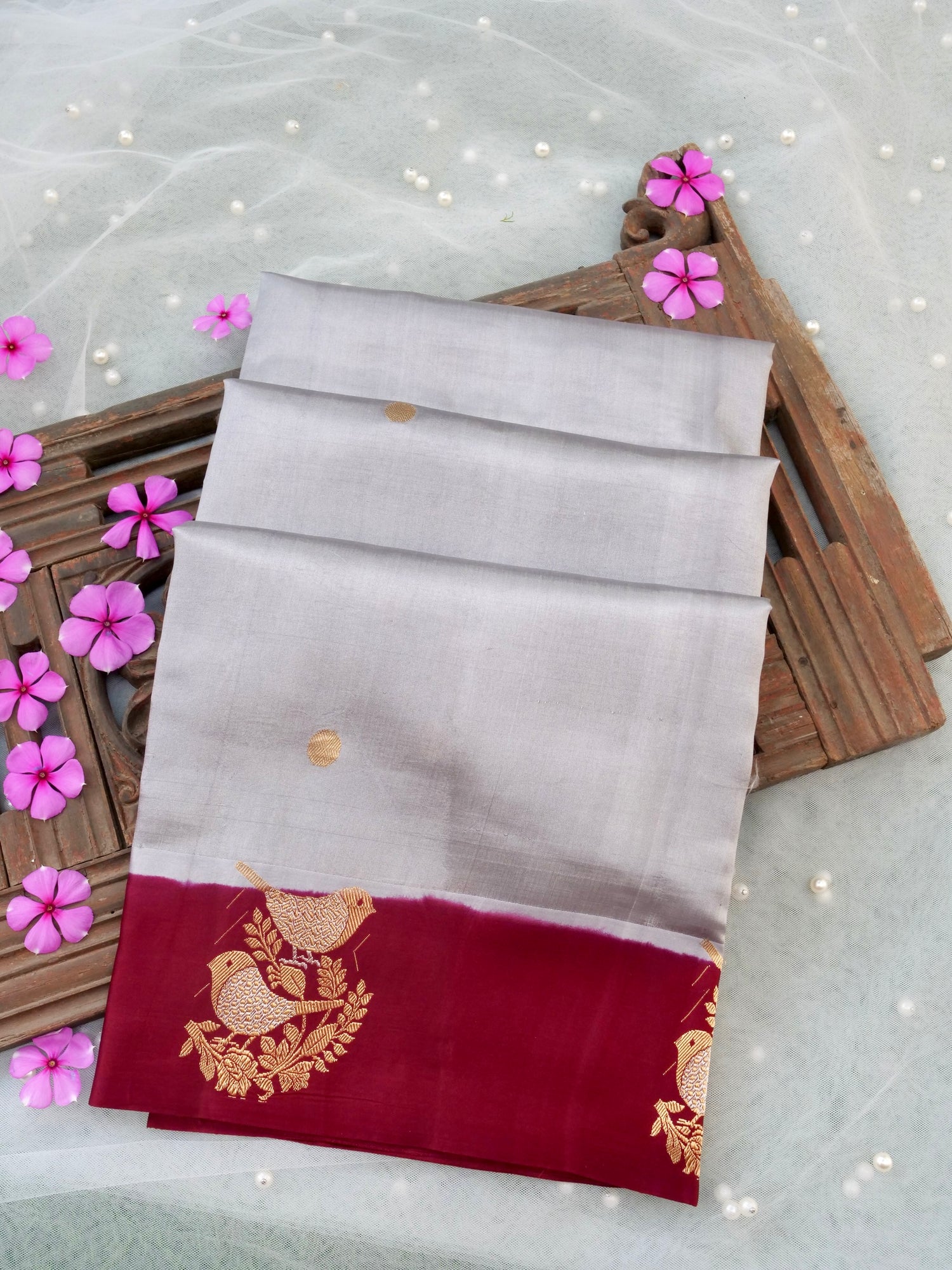 Handloom Banarasi Pure Katan Silk Kadwa Saree in Silver Grey with Bird - Khinkhwab