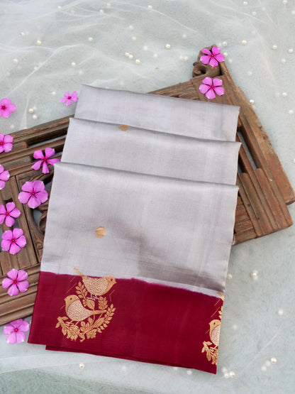 Handloom Banarasi Pure Katan Silk Kadwa Saree in Silver Grey with Bird - Khinkhwab