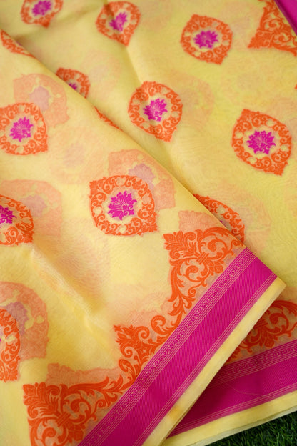 Handwoven Banarasi Organza Silk Kadwa Saree in Butter Yellow - Soglia