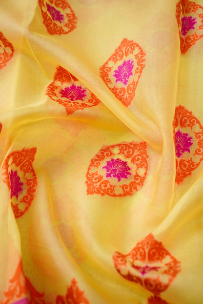 Handwoven Banarasi Organza Silk Kadwa Saree in Butter Yellow - Soglia