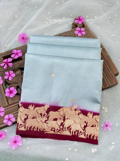 Handloom Banarasi Pure Katan Silk Ice Blue Saree with Nandi - Khinkhwab