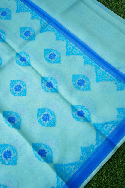 Handwoven Banarasi Organza Silk Kadwa Saree in Ice Blue- Soglia