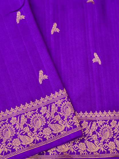 Handloom Banarasi Pure Katan Silk Kadwa Saree in Purple with Parrot Butis - Khinkhwab