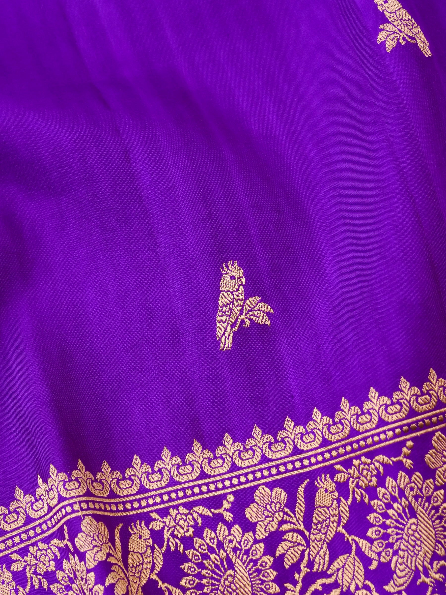 Handloom Banarasi Pure Katan Silk Kadwa Saree in Purple with Parrot Butis - Khinkhwab