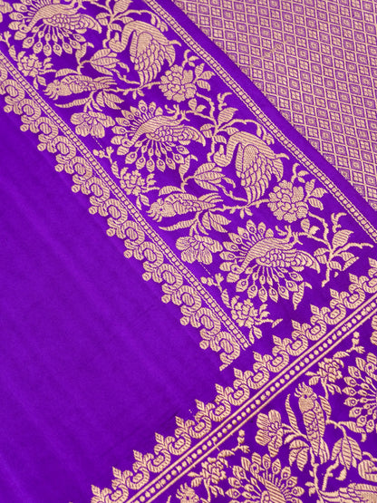 Handloom Banarasi Pure Katan Silk Kadwa Saree in Purple with Parrot Butis - Khinkhwab