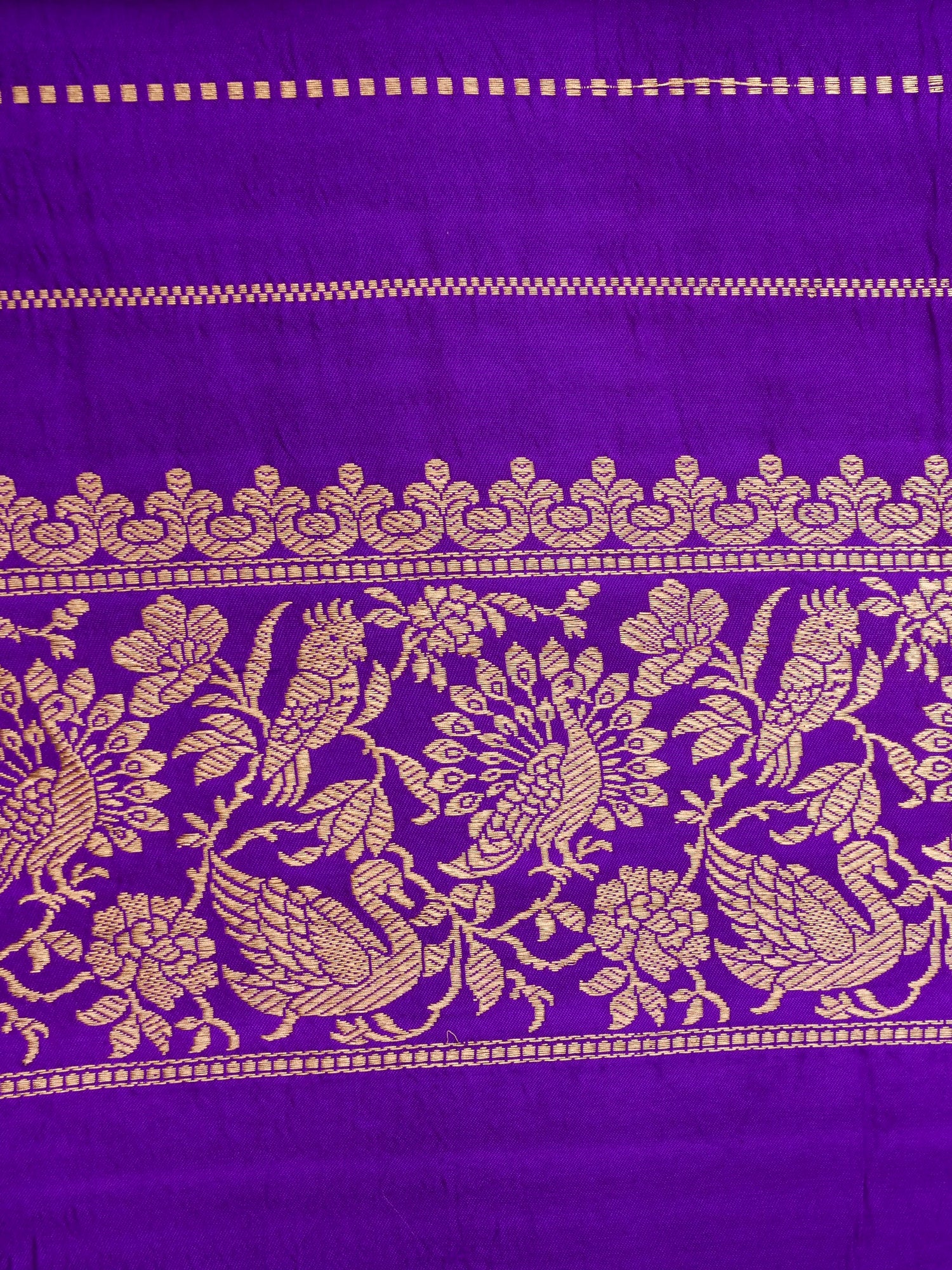 Handloom Banarasi Pure Katan Silk Kadwa Saree in Purple with Parrot Butis - Khinkhwab