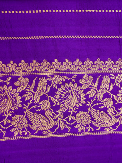 Handloom Banarasi Pure Katan Silk Kadwa Saree in Purple with Parrot Butis - Khinkhwab