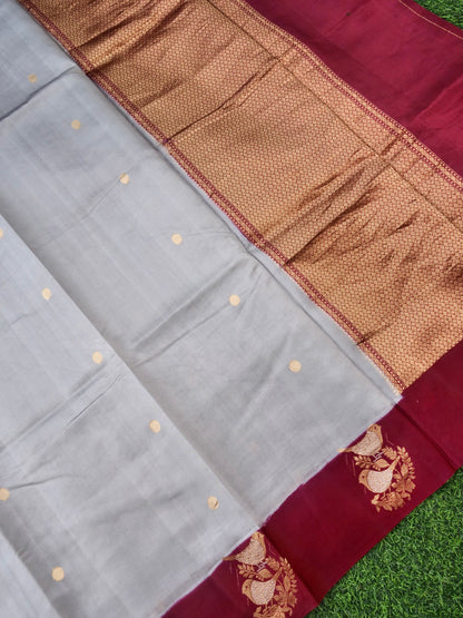 Handloom Banarasi Pure Katan Silk Kadwa Saree in Silver Grey with Bird - Khinkhwab