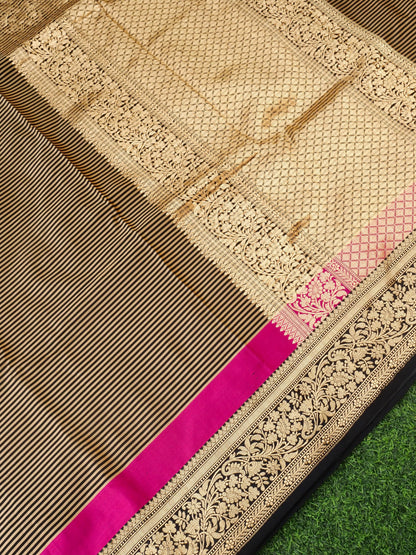 Handloom Banarasi Mushru Satin Saree in Black Gold Stripes - Khinkhwab