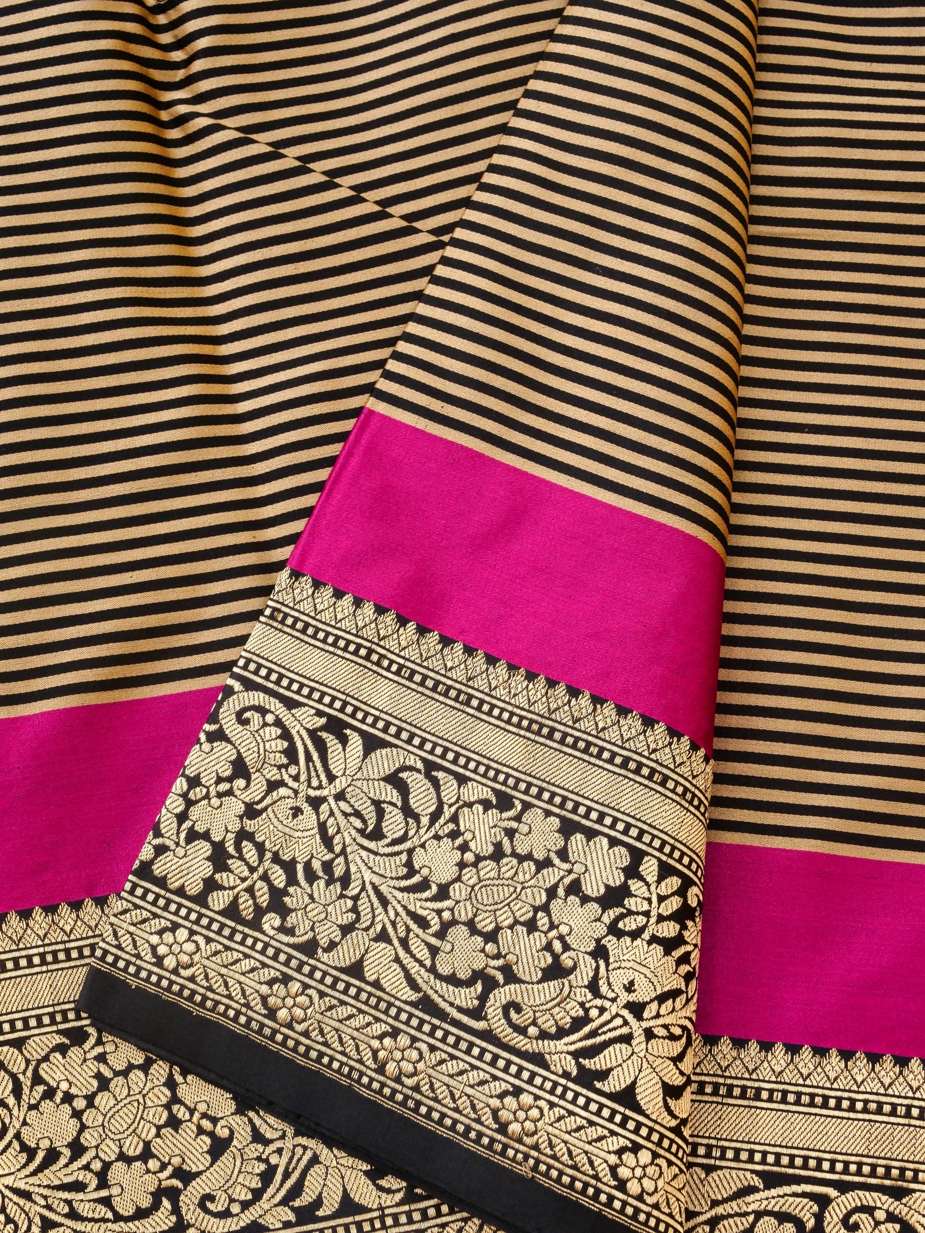 Handloom Banarasi Mushru Satin Saree in Black Gold Stripes - Khinkhwab