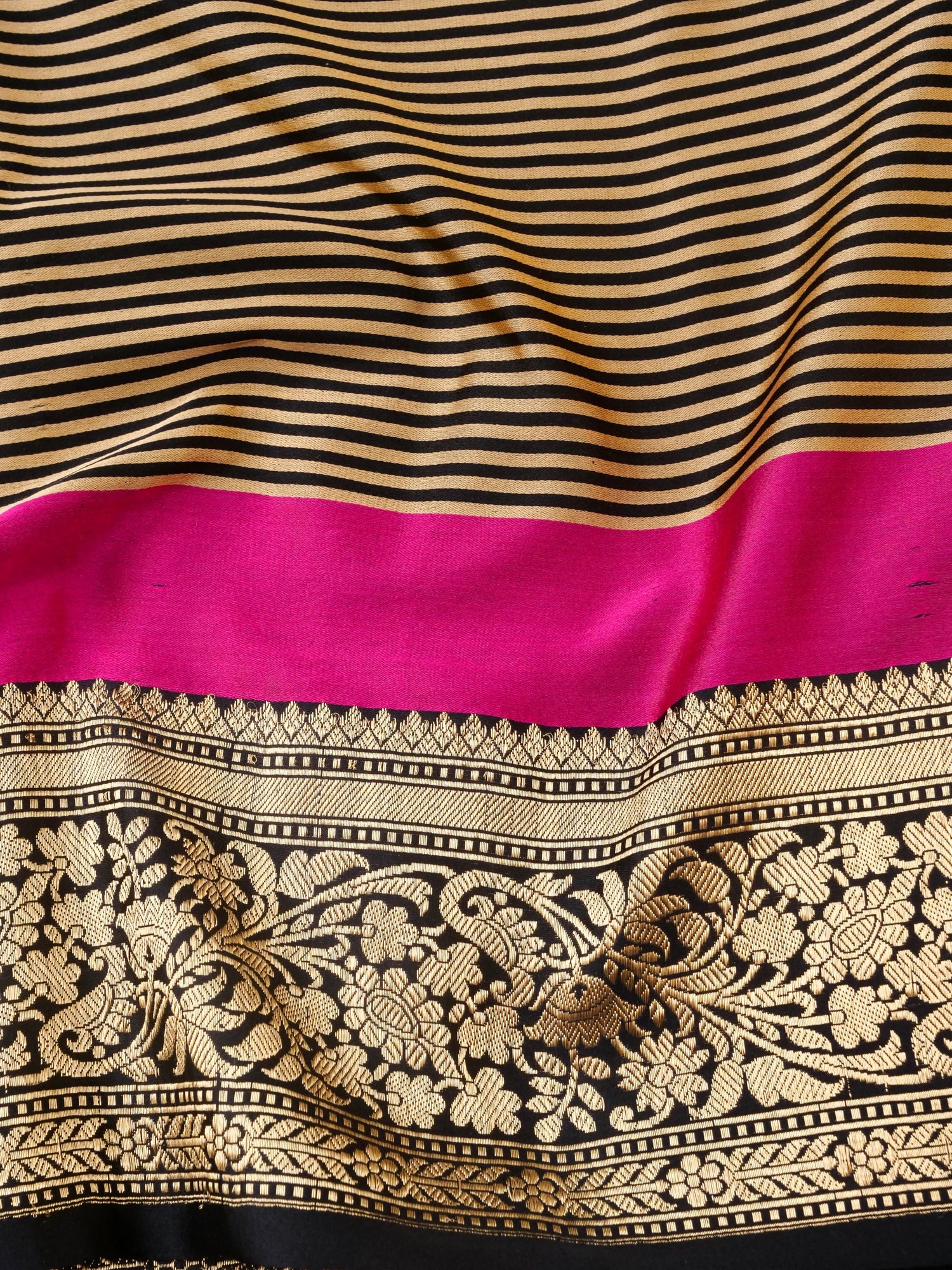 Handloom Banarasi Mushru Satin Saree in Black Gold Stripes - Khinkhwab