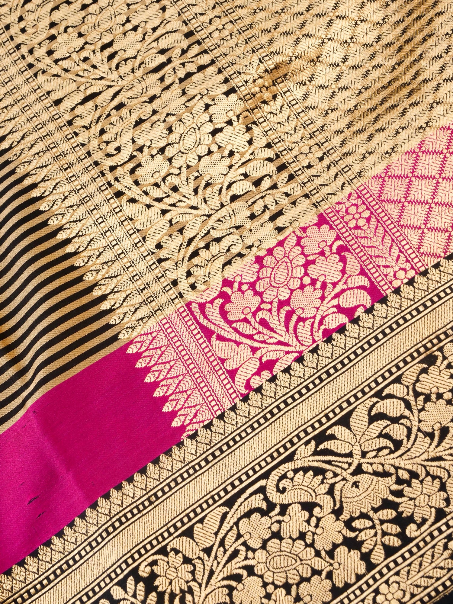 Handloom Banarasi Mushru Satin Saree in Black Gold Stripes - Khinkhwab