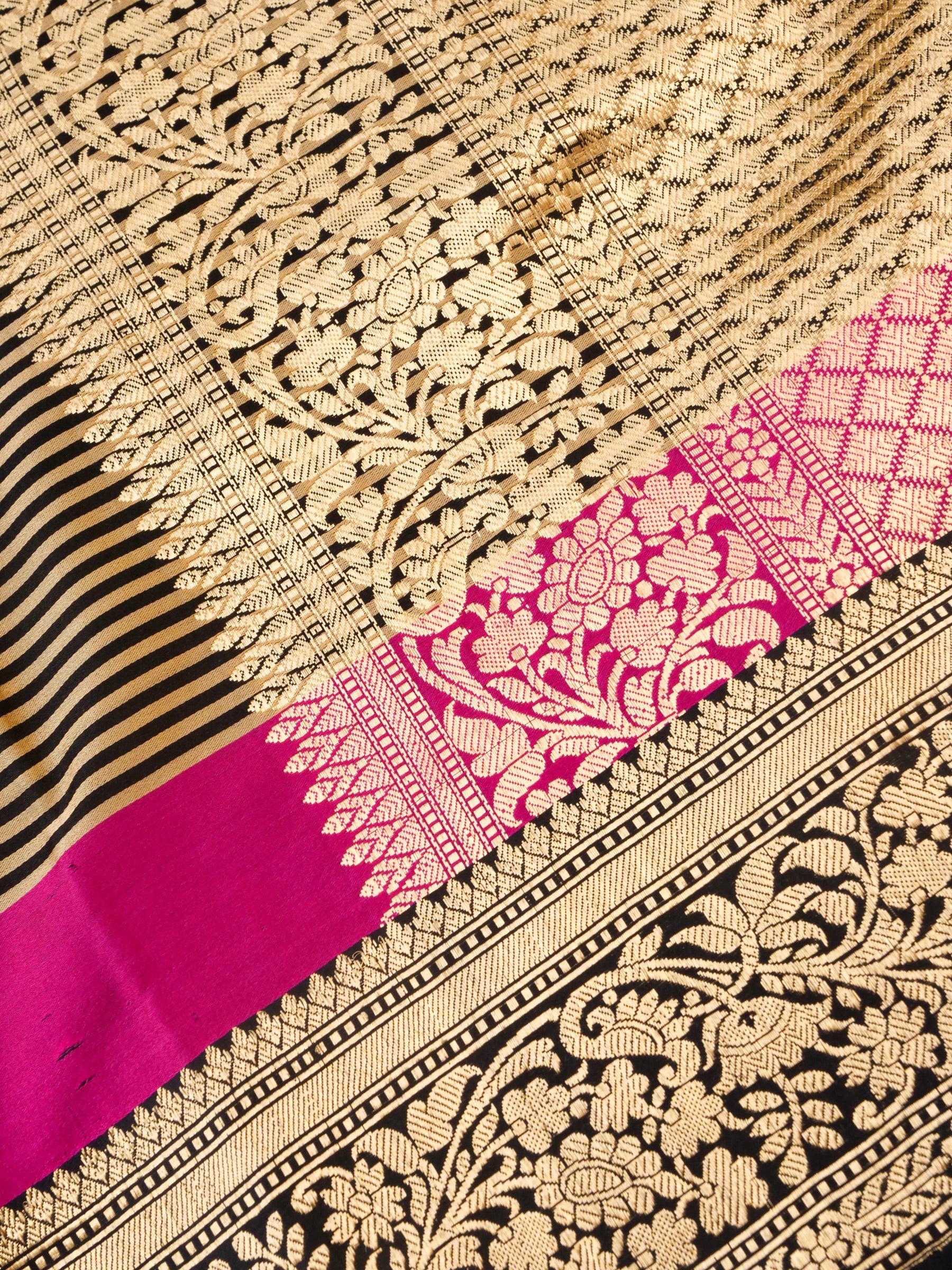 Handloom Banarasi Mushru Satin Saree in Black Gold Stripes - Khinkhwab