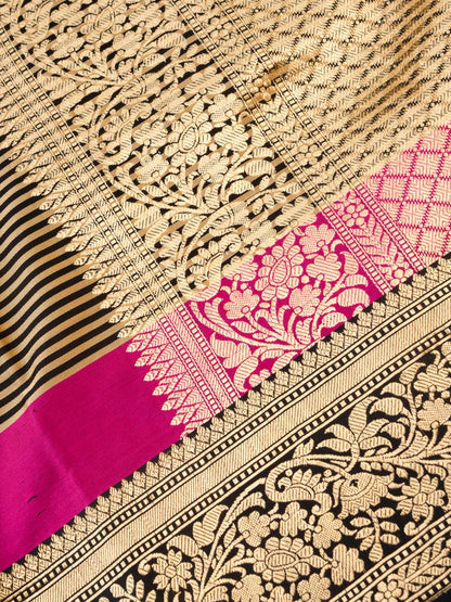 Handloom Banarasi Mushru Satin Saree in Black Gold Stripes - Khinkhwab