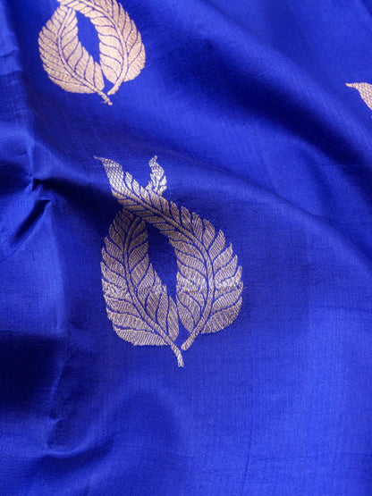 Handloom Banarasi Pure Katan Silk Kadwa Saree in Royal Blue with Floral Gold Border - Khinkhwab