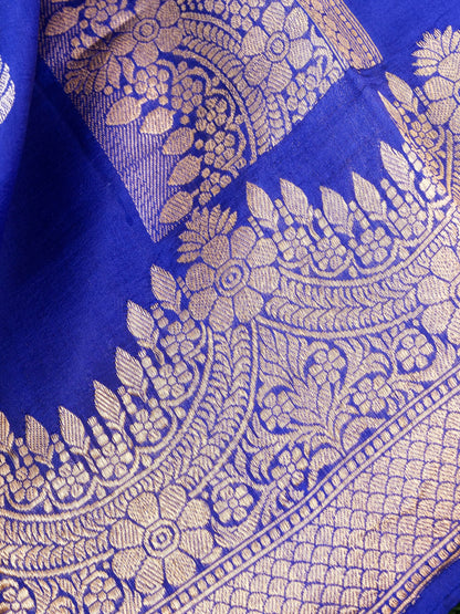 Handloom Banarasi Pure Katan Silk Kadwa Saree in Royal Blue with Floral Gold Border - Khinkhwab
