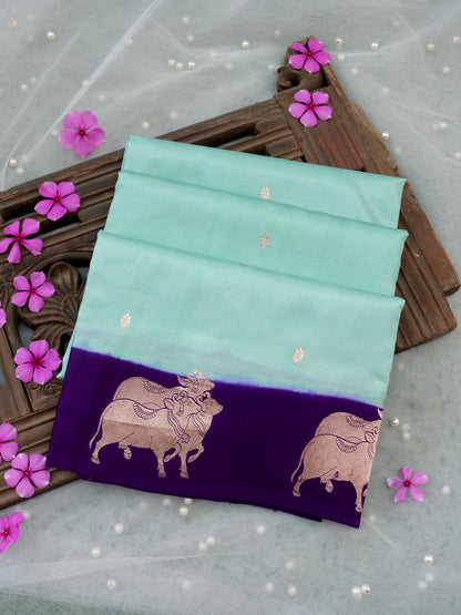 Handloom Banarasi Pure Katan Silk Kadwa Saree in Mint with Nandi Motif - Khinkhwab