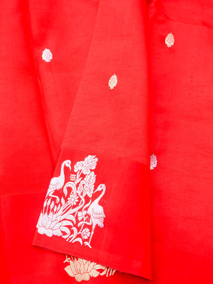 Handloom Banarasi Pure Katan Silk Kadwa Saree in Red with Crane and Floral Motif - Khinkhwab