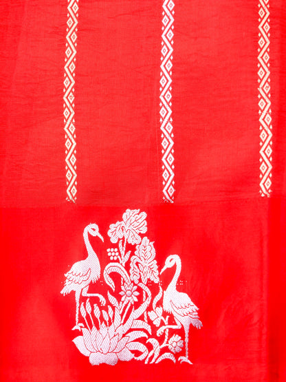 Handloom Banarasi Pure Katan Silk Kadwa Saree in Red with Crane and Floral Motif - Khinkhwab
