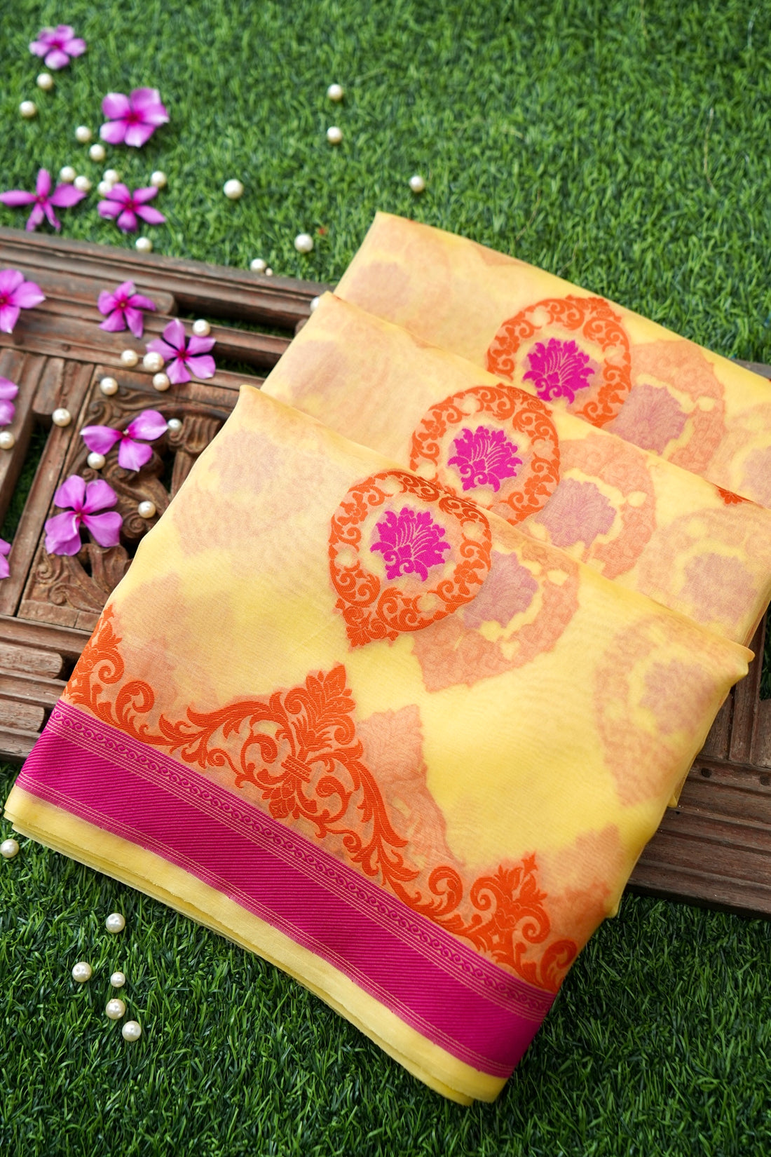 Handwoven Banarasi Organza Silk Kadwa Saree in Butter Yellow - Soglia