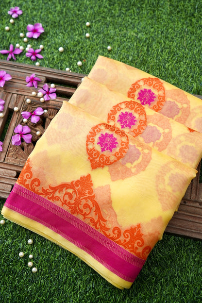 Handwoven Banarasi Organza Silk Kadwa Saree in Butter Yellow - Soglia