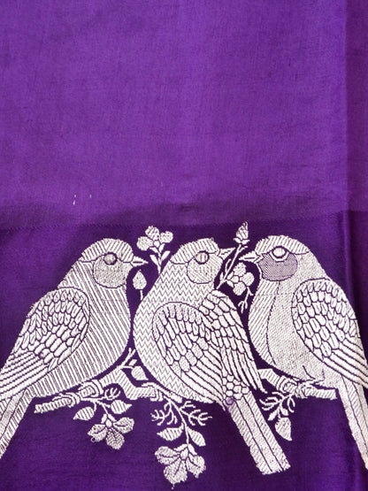 Handloom Banarasi Pure Katan Silk Kadwa Saree in Purple with Bird Motif - Khinkhwab
