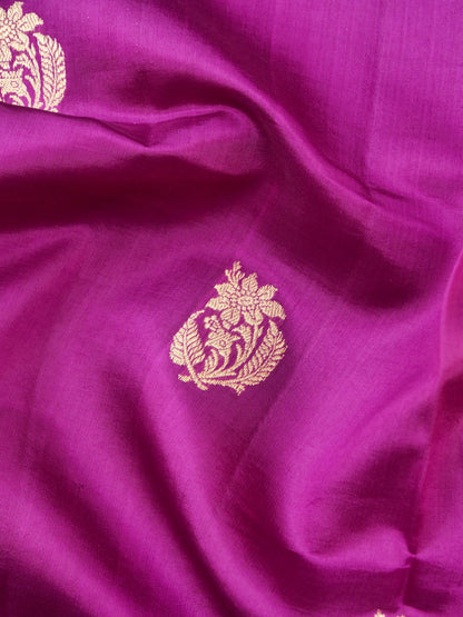 Handloom Banarasi Katan Silk Kadwa Saree Magenta Floral Butis - Khinkhwab