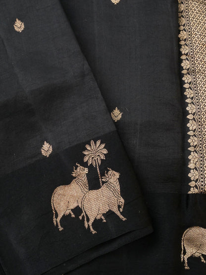 Handloom Banarasi Pure Katan Silk Kadwa Saree in Black with Nandi - Khinkhwab