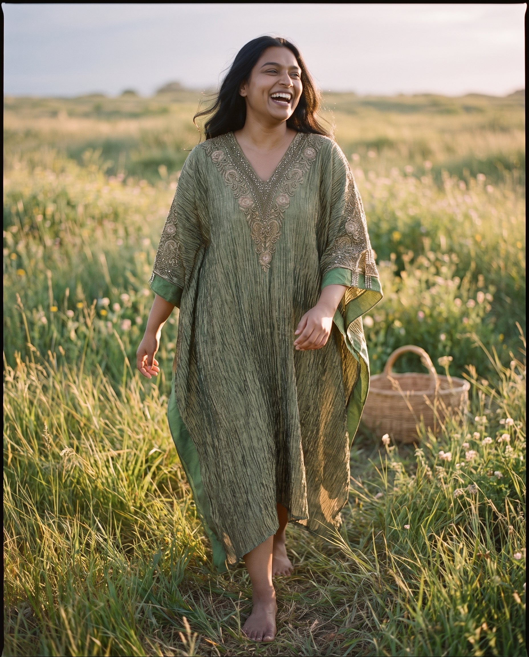 Hand Embroidered Crush Tissue Kaftan in Olive Green
