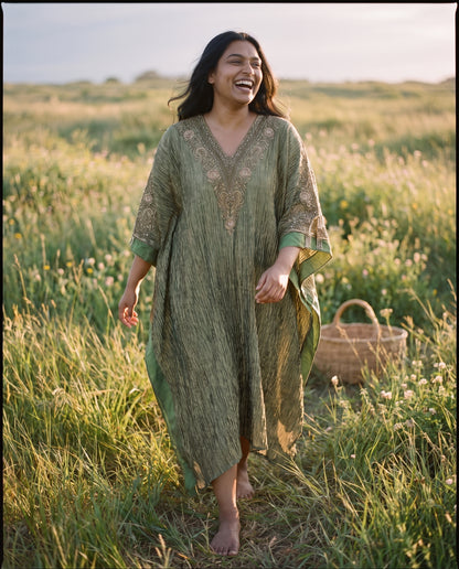 Hand Embroidered Crush Tissue Kaftan in Olive Green