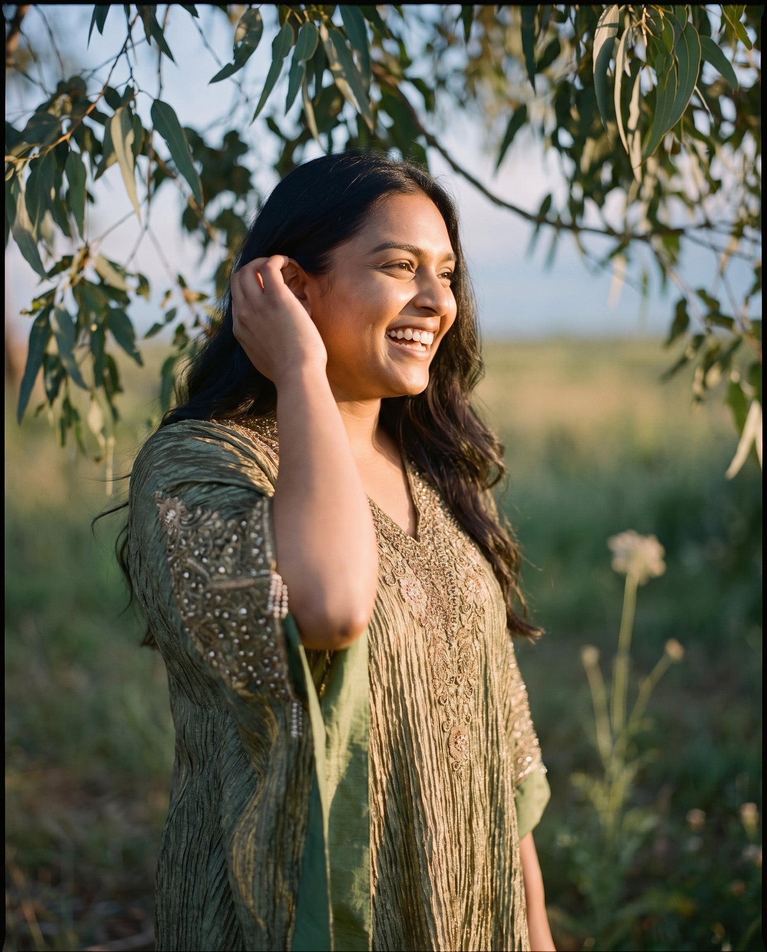 Hand Embroidered Crush Tissue Kaftan in Olive Green