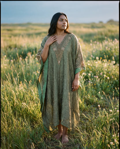 Hand Embroidered Crush Tissue Kaftan in Olive Green