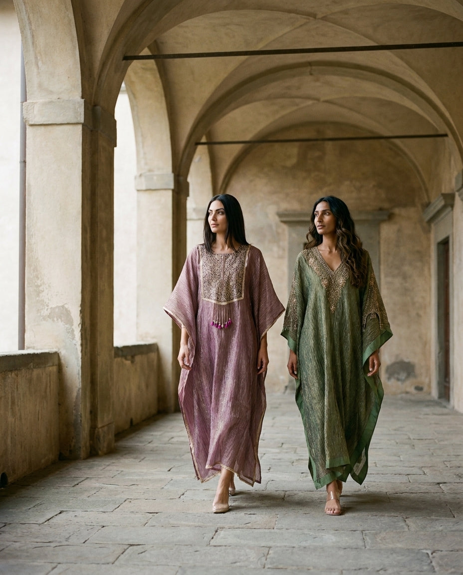 Hand Embroidered Crush Tissue Kaftan in Mauve