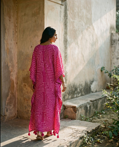 Gajji Silk Bandhani Stitched Kaftan in Magenta Pink