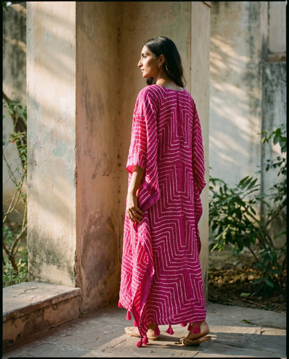 Gajji Silk Bandhani Stitched Kaftan in Magenta Pink