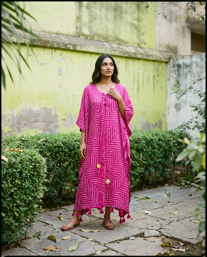 Gajji Silk Bandhani Stitched Kaftan in Magenta Pink